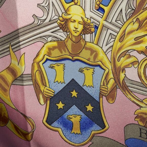 Hermes British Heraldry Coat Of Arms Pink Gold Blue 100% Silk Scarf 90cm Square - Picture 11 of 16